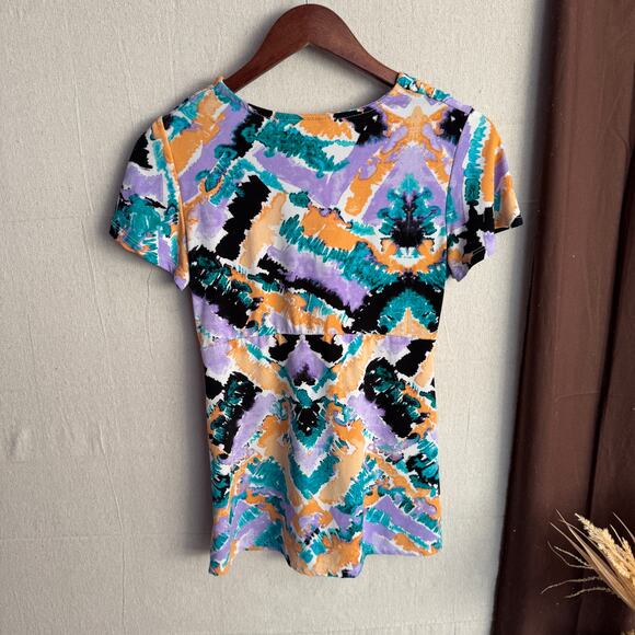 Daisy Fuentes Blouse Size S Multicolor Abstract Paint Print V-Neck Short Sleeve - Picture 8 of 11